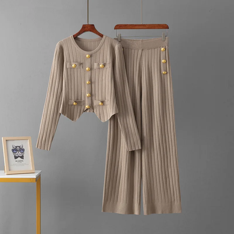 Outono e inverno novo temperamento de viagem duas peças malhas femininas moda magro topo versátil calças retas