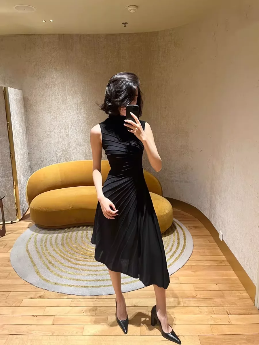 

Elegant Women's Black Midi Dress 2026 Summer Sleeveless Knitted Dress Fashion Ladies Asymmetrical Dress Long
