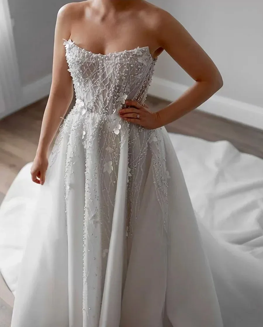 2025 Mouwloze Kralen Applique Parels Vierkante Kraag 3d Bloemen Vloerlengte Jurken Robe De Mariee Trouwjurken Aanpassen