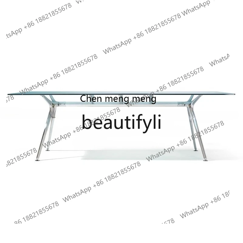 

X Modern Chrome-Plated Bright Silver Glass Table Minimalist Dining Room Long Tea Table