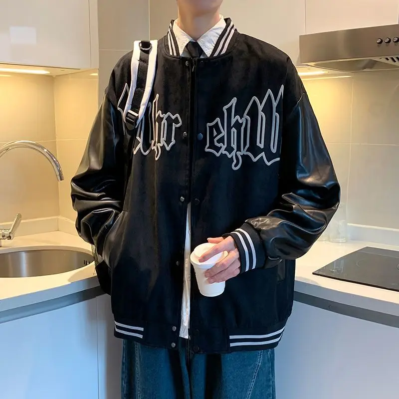 

Men's Vintage PU Leather Baseball Jacket Unisex Oversized Distressed Suede Coat