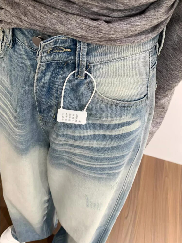 Light Blue Ripped Baggy Jeans Women 2024 Fashion Summer High Waist Wide Leg Straight Mom Jeans Y2K Street Denim Pants Vintage