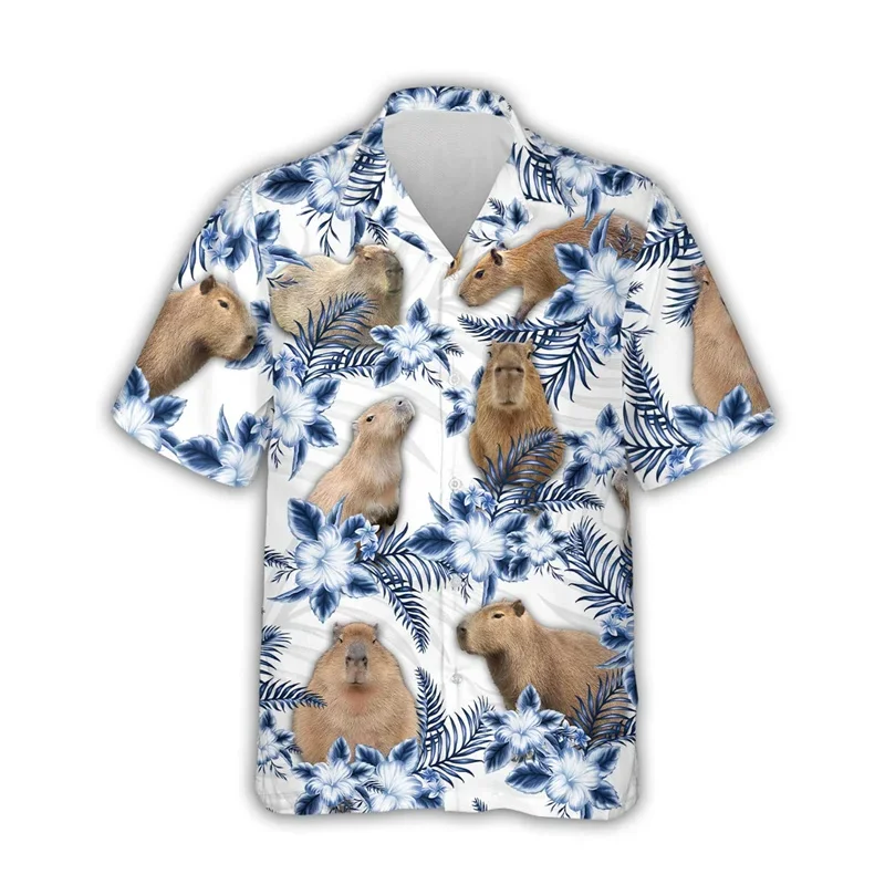 Camisa havaiana de manga curta masculina, padrão capivara kawaii, impressa em 3D, Aloha Beach, top de lapela legal