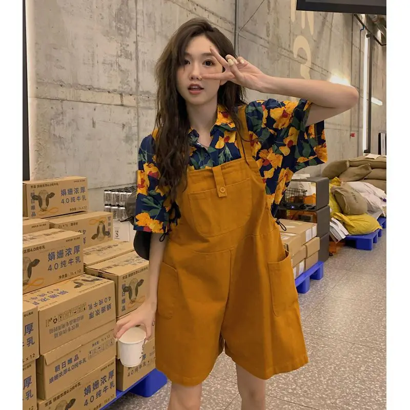 Casual Fashion High End College Style Women\'s Set Summer Floral Loose Slim Shirt+wide Leg Straps Shorts Two Piece Set for Women