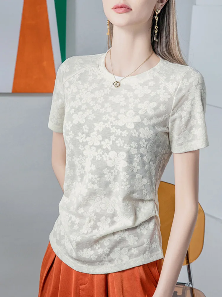 

Jacquard Lace Top Short Sleeved Loose 2025 Summer New Item Pleated Women's Hollow T-Shirt Stylish