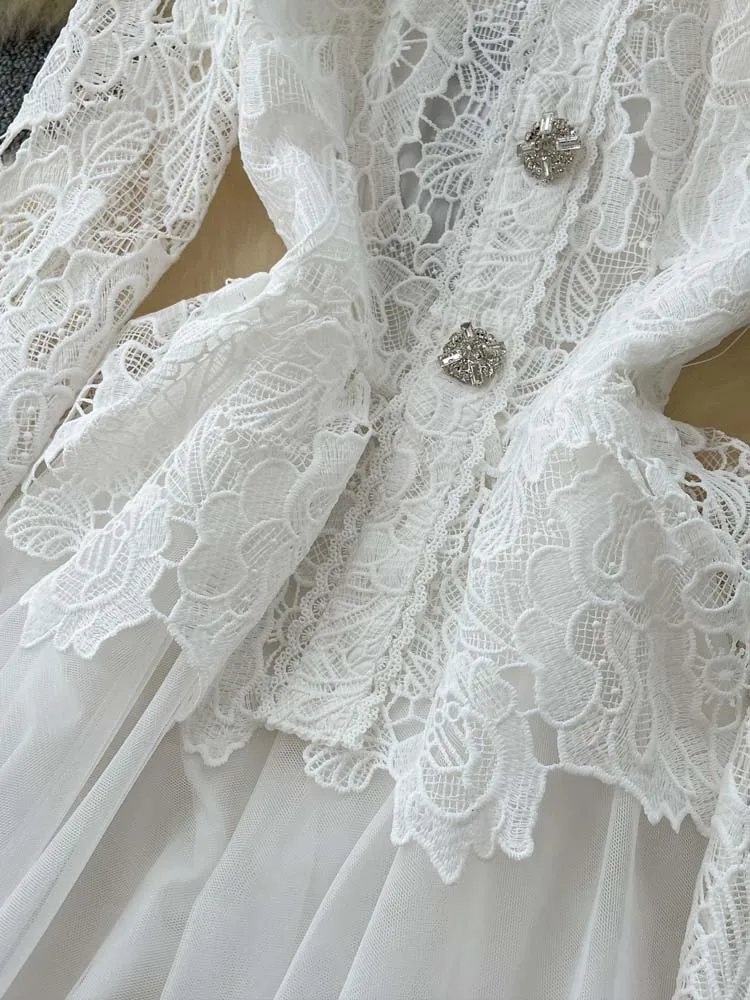Party Luxury Lace mesh patchwork dress Women's White 2025 Elegant Hollow out O-neck Long sleeve Midi dresses Lady INKEO 4D137