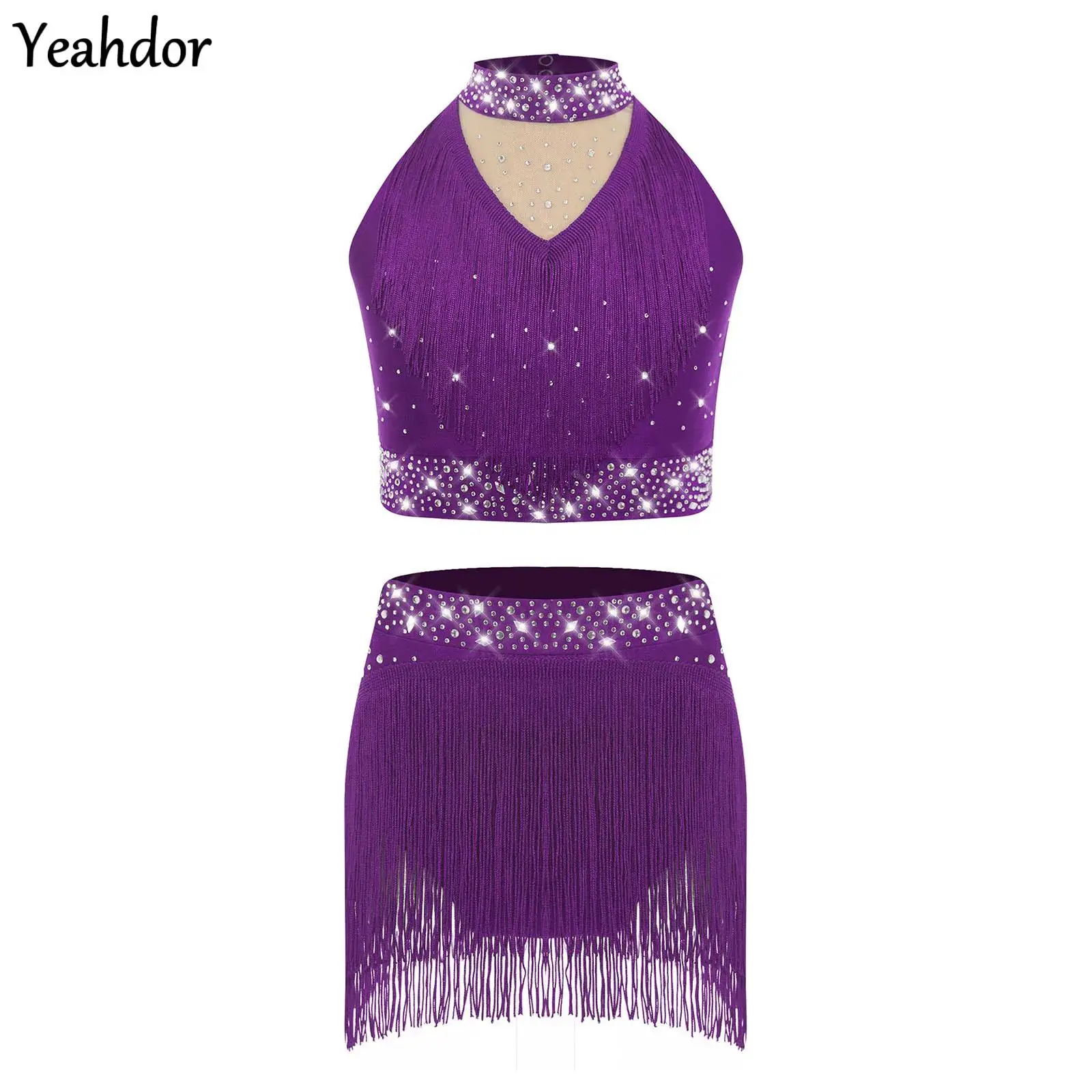 

Girls Latin Jazz Dance Outfit Shiny Sequins Tank Tops Dance Vest with Dance Bottoms Set Sequins Fringe Performance Dancewear
