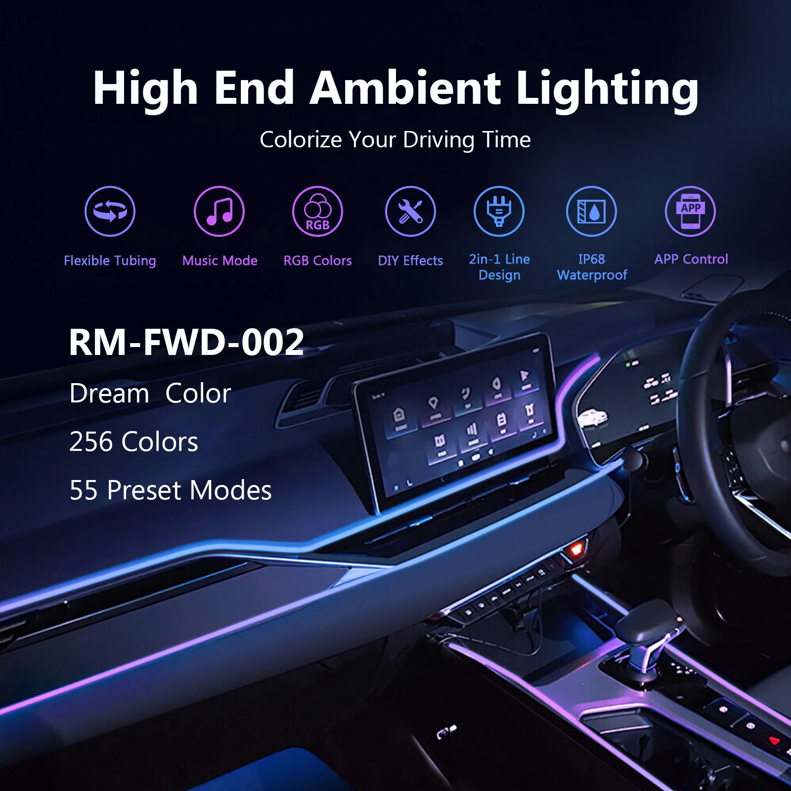 

Symphony 256 Colors 55 Preset Modes Easy To Install Smart App Control Ambient Lighting Car Universal Ambient Lights