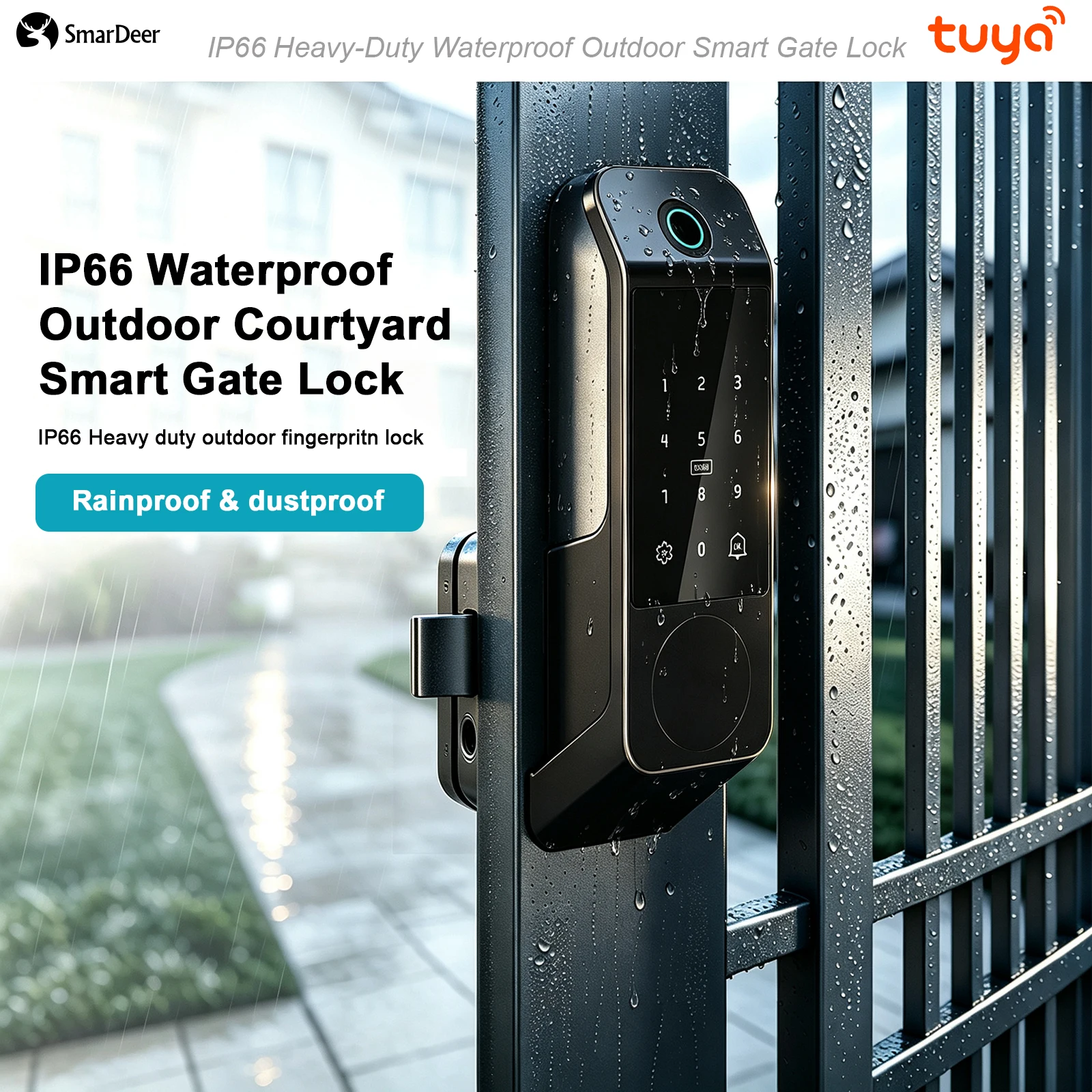 SmarDeer Outdoor Gate Smart Lock IP66 Waterproof Biometric Fingerprint Recognition Anti-Theft Keyless Electronic Door Lock