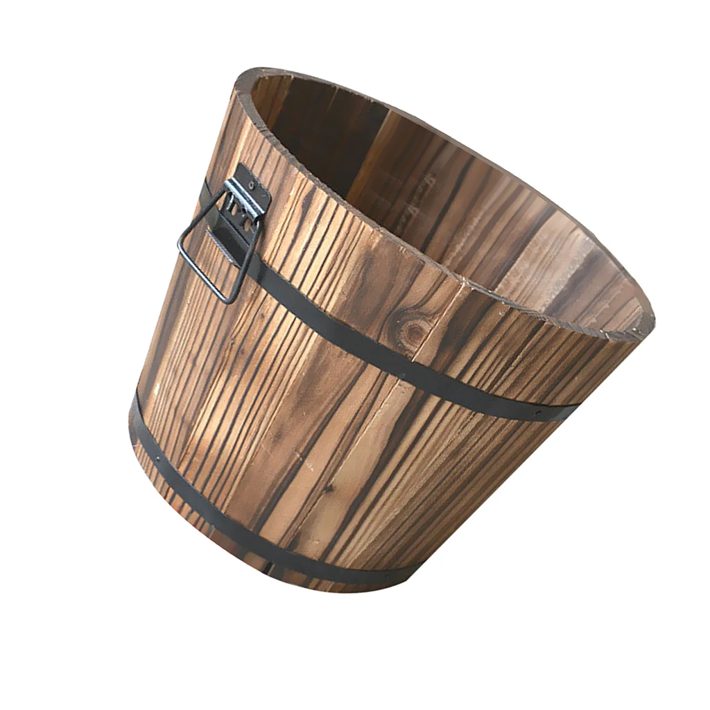 Set Of 2 Rustic Wood Bucket Barrel Whiskey Flower Garden Decoration Planters Pot with Handle for Home flower pot