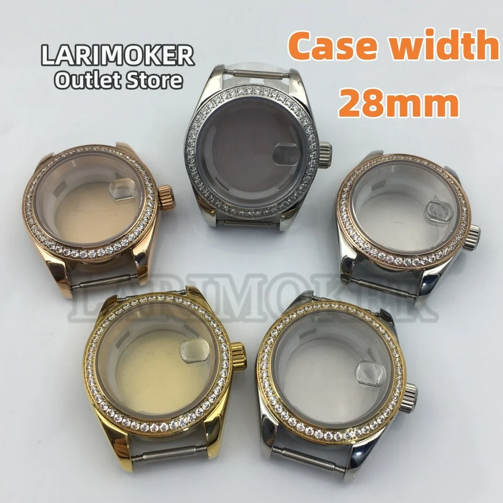 

LARIMOKER 28 мм Роскошный женский корпус для часов, украшенный бриллиантовым безелем, сапфировое стекло, корпус из нержавеющей стали, подходит для NH05 NH06, водонепроницаемый механизм
