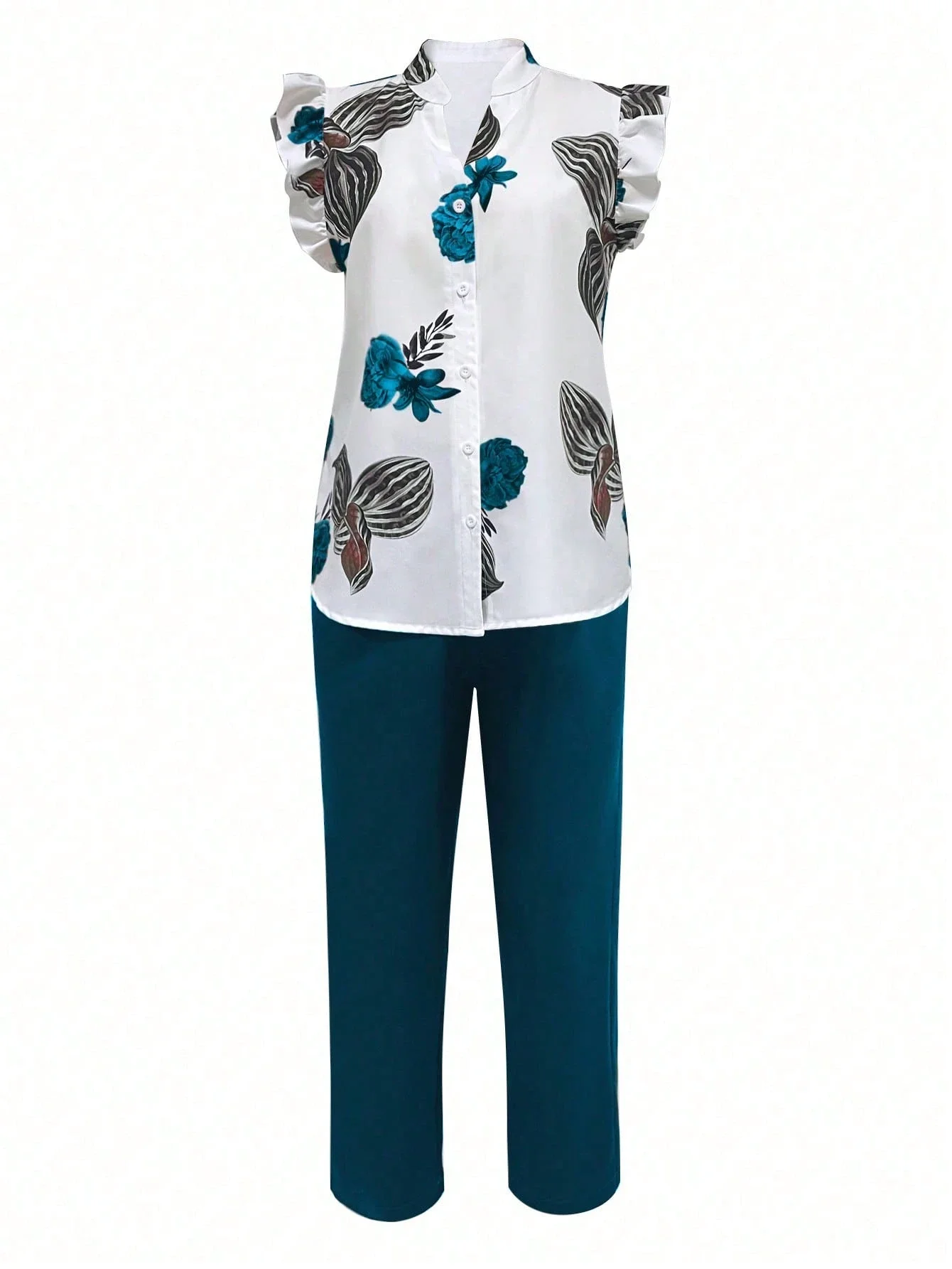 

Women's Floral Print Flutter Sleeve Shirt And Pants Casual 2 Piece Set