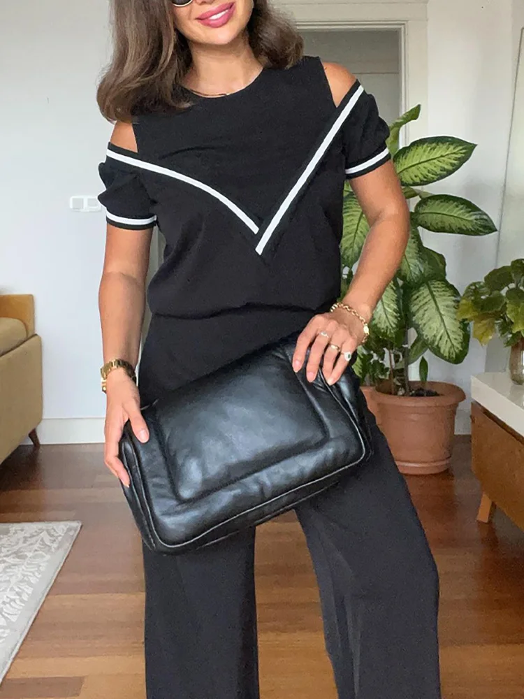 Deioao Summer Patchwork Tops Pants Outfits Women Slim Full Length Pants Two Piece Set Lady Black Straight Trouser Matching Suit