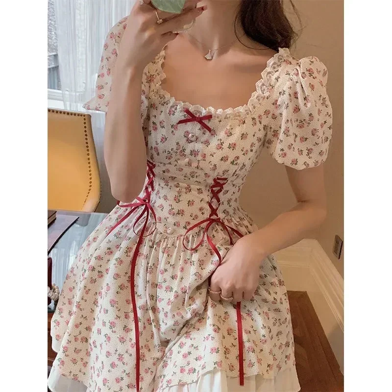 Mini abito coreano con stampa floreale da donna Vintage manica a sbuffo quadrato con lacci a vita alta maxi abito femminile francese dolce Vestido Y2k