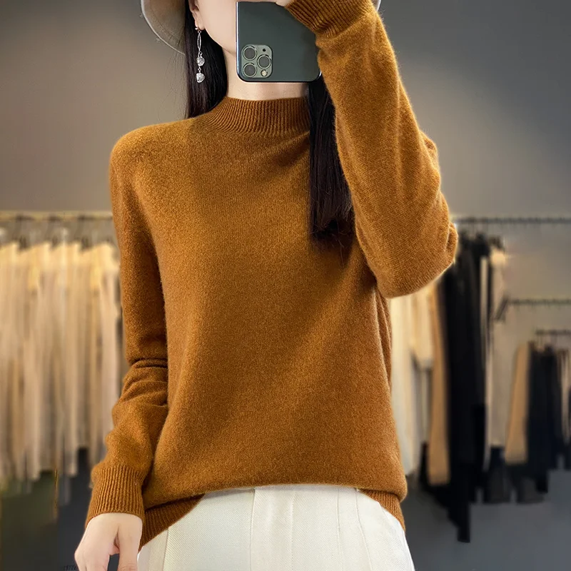 Women's Sweater Pullover Long Sleeved Autumn And Winter New Pure Wool Half High Neck Loose Fitting Versatile Tops Korean Version