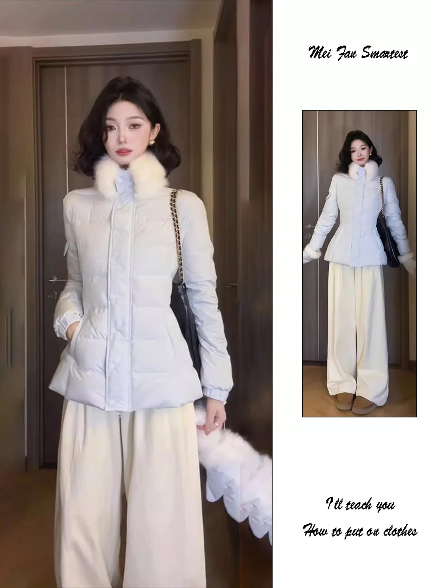 

Korean Style Premium Blue Hooded down Cotton Jacket Women's Winter New Fashion Fur Collar Slim Fit Waist Cinched Cotton Coat