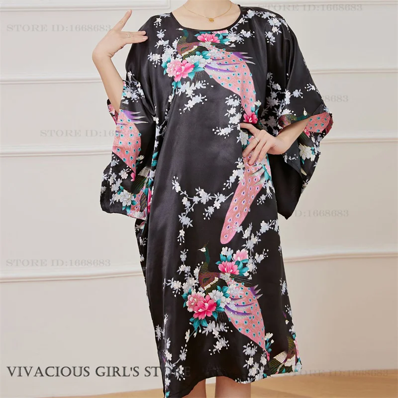 Plus Size Nightgown Sleepwear Women\'s Summer Nightwear Robe Lady Sexy Nightdress Silk Rayon Loose Bathrobe Gown Home Dress