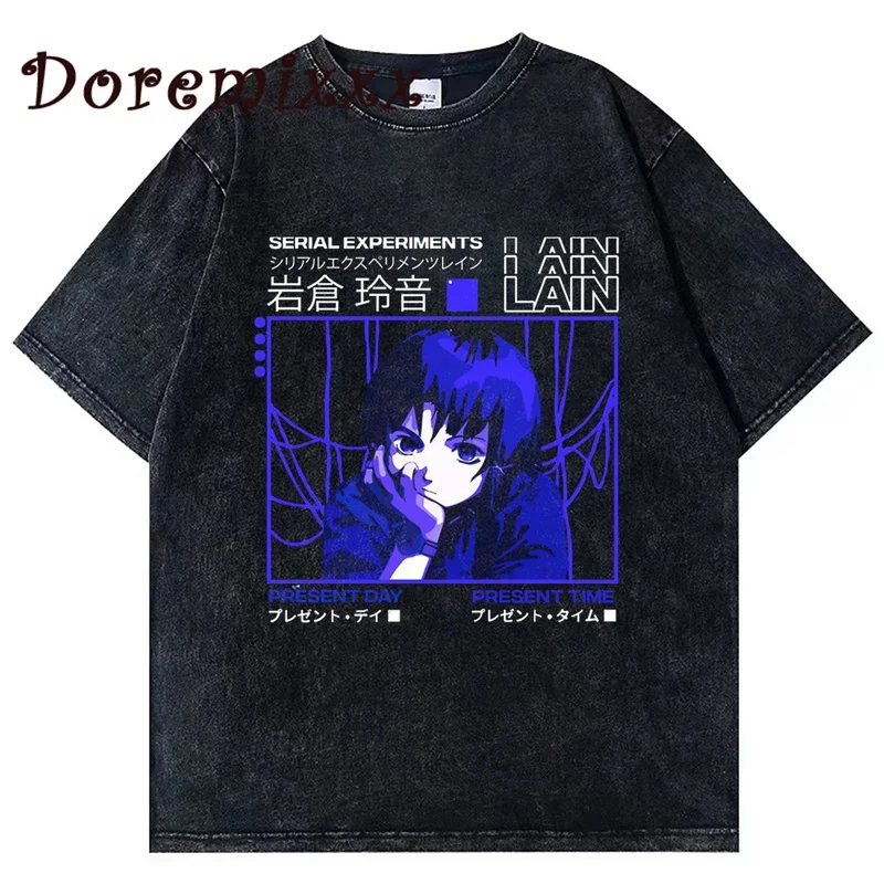 Serial Experiments Lain T-shirt vintage washed t-shirt Harajuku streetwear manga cotton men T shirt new tee tshirt womens tops