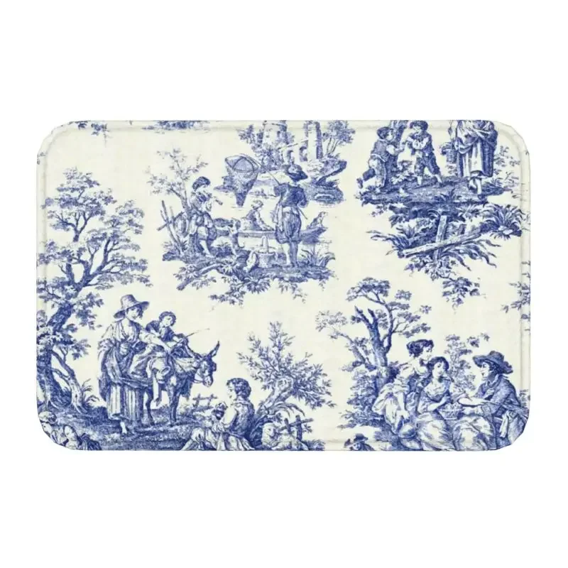 Personalized Classic French Navy Blue Toile De Jouy Motif Pattern Doormat Mat Anti-Slip Traditional France Art Room Rug Carpet