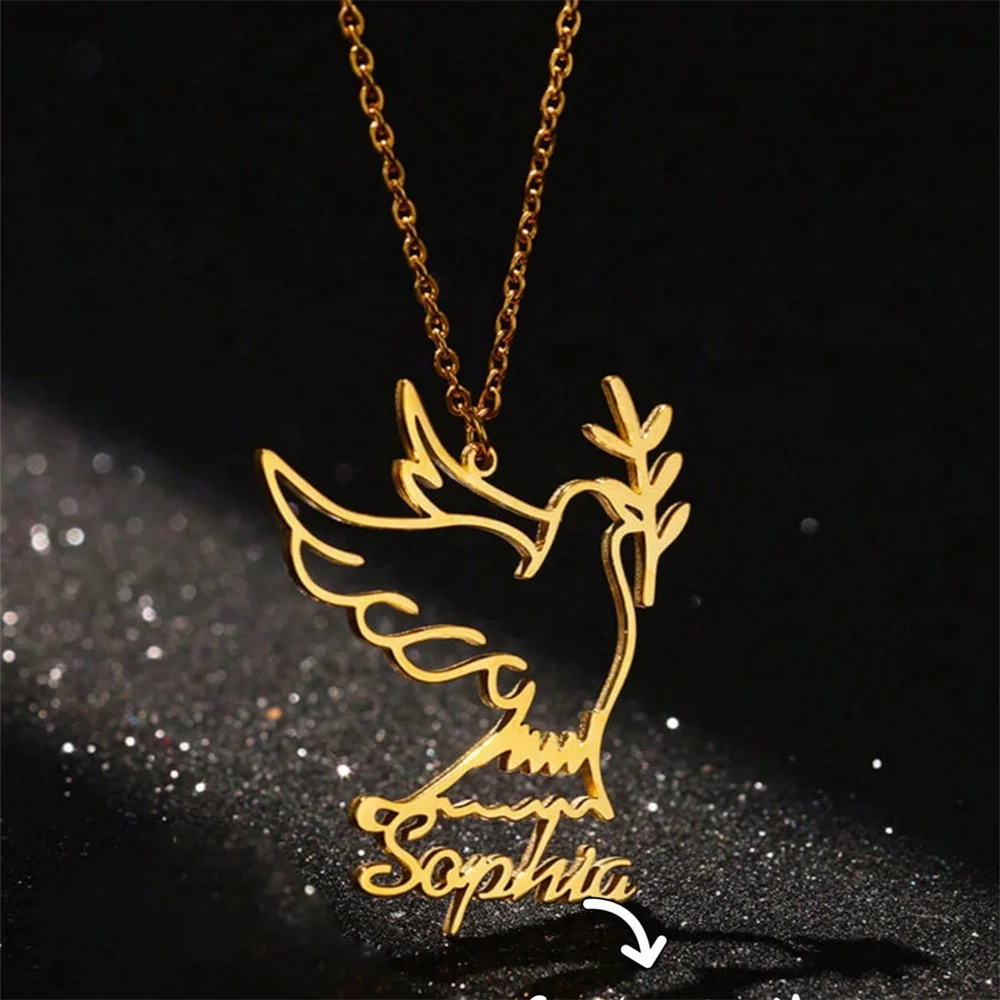 Collar con colgante de rama de olivo y pájaro de la paz con nombre personalizado, regalo personalizado de acero inoxidable resistente al agua para ella, joyería