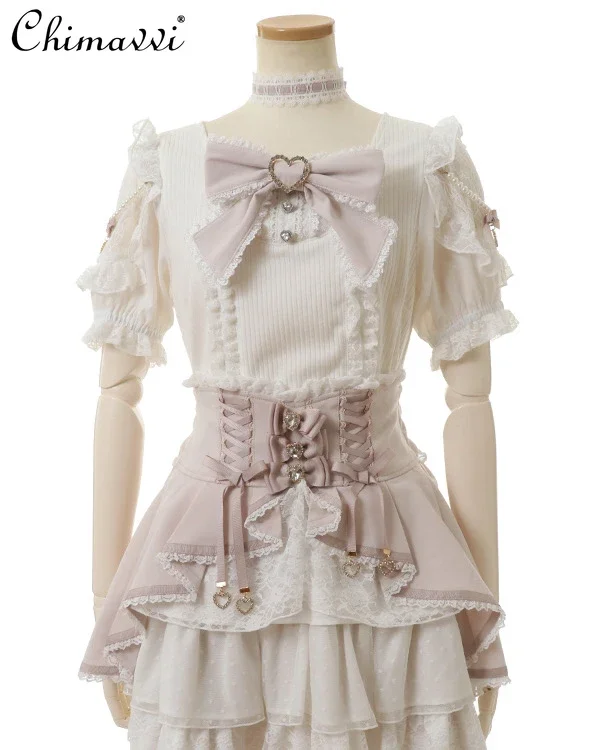 Japanese Liz Mine Series Mass-Produced Sweet Big Bow Neck Band Bottoming Shirt Autumn Girly Short Sleeve Pullover Lolita Top