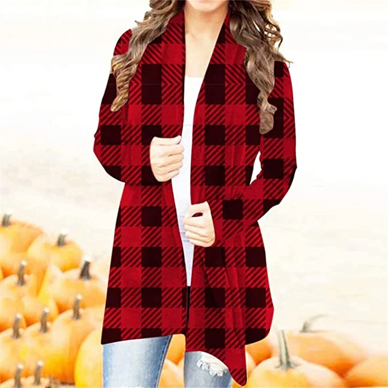 Women\'s Clothing Autumn Winter Fashion Cartoon Print Christmas Outewear Cardigan Jacket Casual Irregular Long Sleeve Tunic Coats