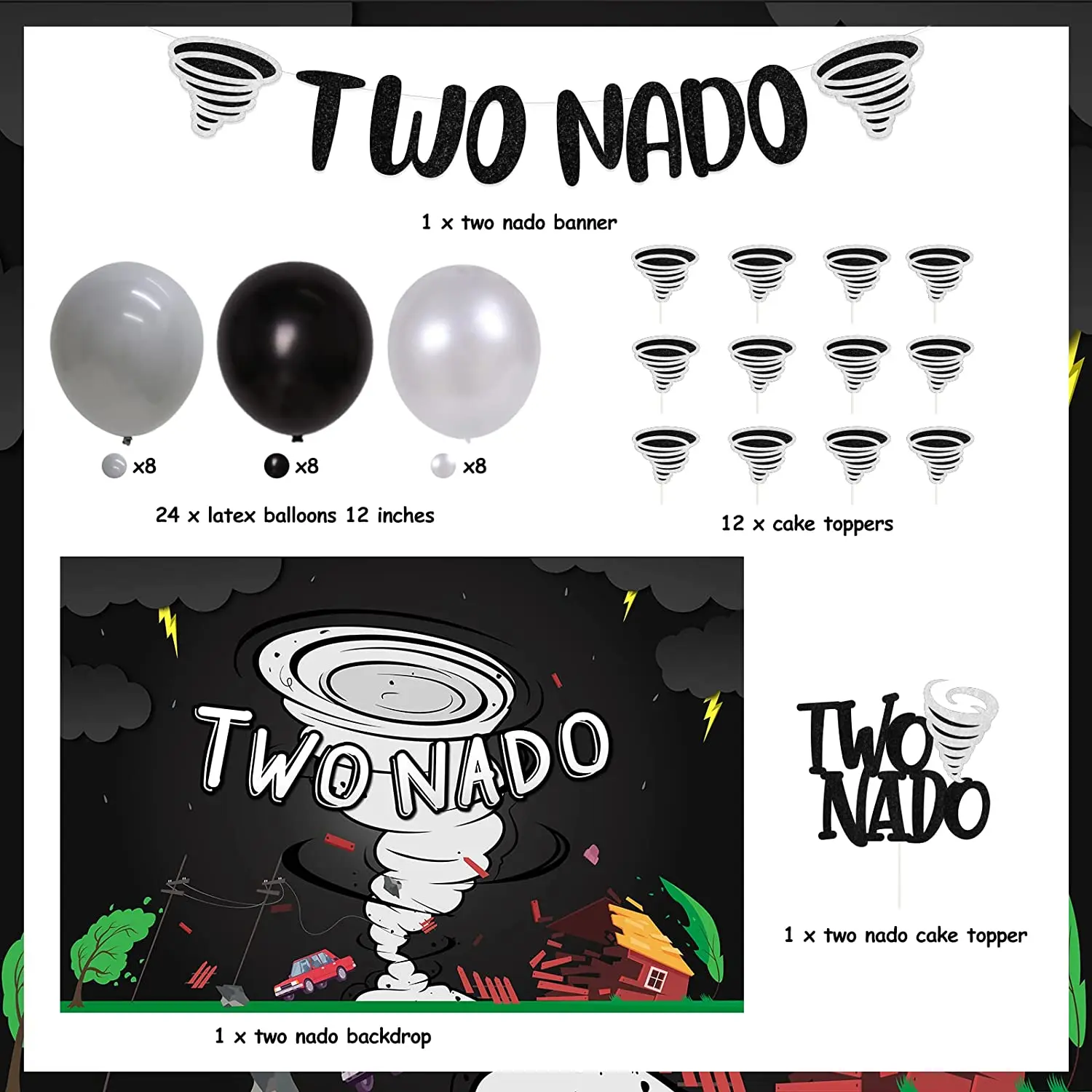 Imagem -02 - Tornado Joymemo 2nd Birthday Party Decorações Dois Nado Tornado Banner Cenário Balões segundo Fontes do Aniversário Bolo Topper