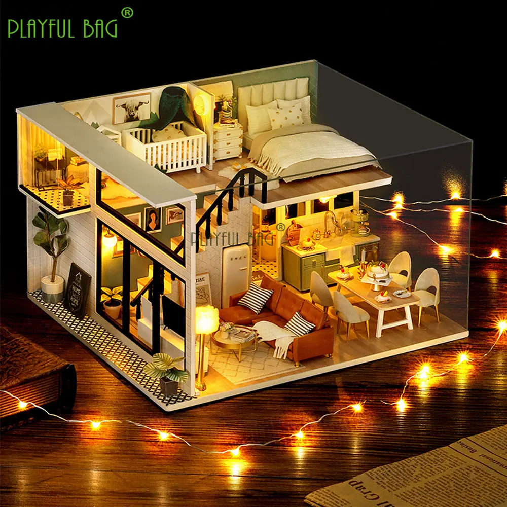 Wooden Mini Doll House DIY Handmade Duplex Apartment Production 3D Puzzle Assembly Building Blocks Model Kids Toys Gifts UG385