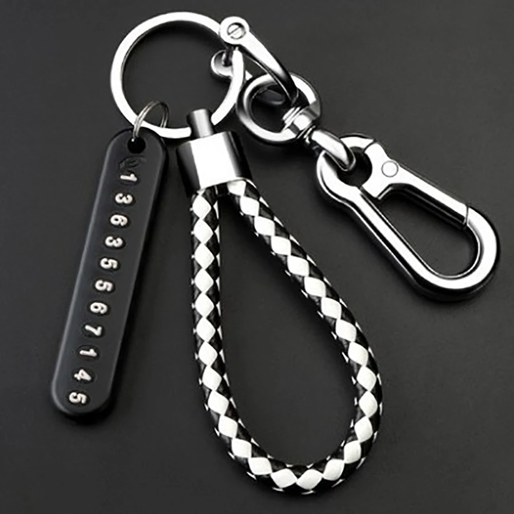 Anti-lost Car Keychain Phone Number Card Keyring Leather Bradied Rope Auto Vehicle Key Chain Holder Accessories Gift for Husband