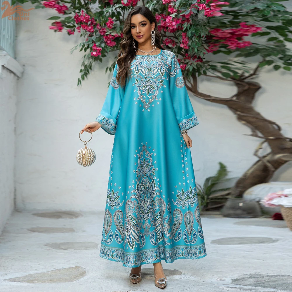 Uni Ramadan Dubai Floral Print Luxury Abaya Women Evening Dress Loose Sleeve Pearl Beading Moroccan Caftan Women