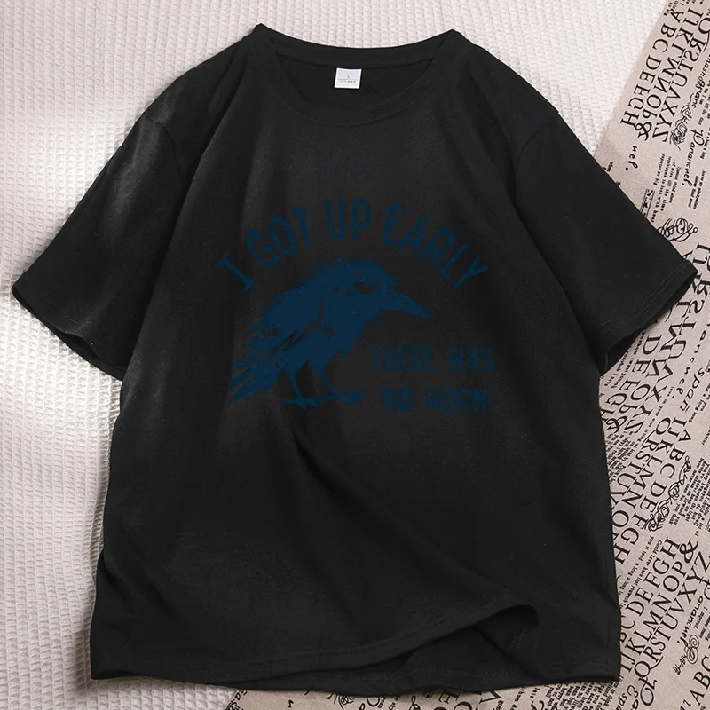 Grumpy Crow T Shirt I Got Up Early No Worm Tee Bird Lover Humor T-Shirts Cotton Short Sleeve Printed Round Neck Tees