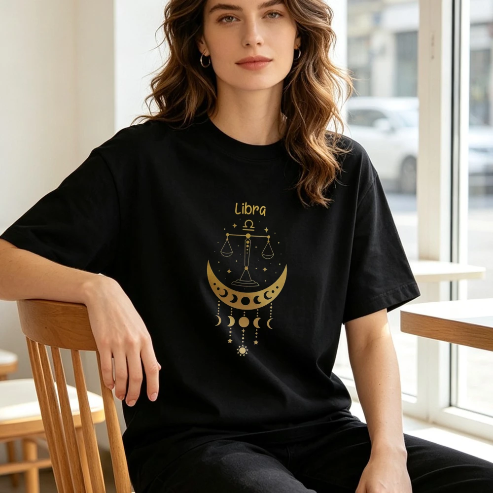Libra Astrology T-Shirt Zodiac Sign Graphic Tee Women Cotton Tshirt Moon Phase Balance Symbol Tee Retro Astrology Horoscope Tops
