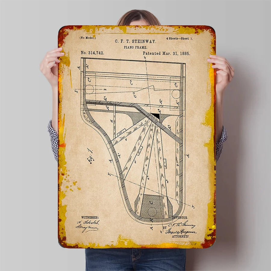 Marco de Piano Steinway Vintage, dibujo de patente, cartel de estaño de Metal, decoración del hogar, arte de pared