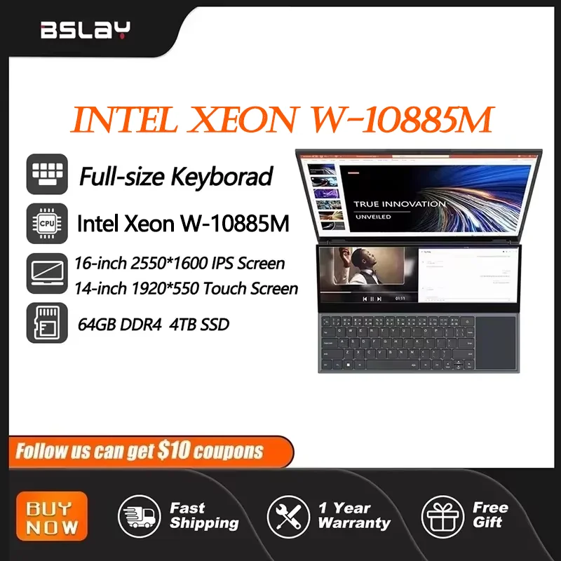 Dual Screen Laptop Intel Xeon W-10885M 16.1+14.1 Inch 5.3GHz 64GB DDR4 4TB SSD 8Cores 16 Threads HD Camera Portables Computer