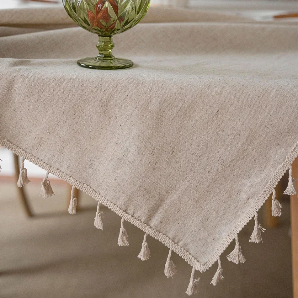 Cotton Linen Tablecloth,Rectangle Tassel,Jute Rope Lace Dust-Proof Table Cover,for Kitchen Dinning Party Tea Table Decor
