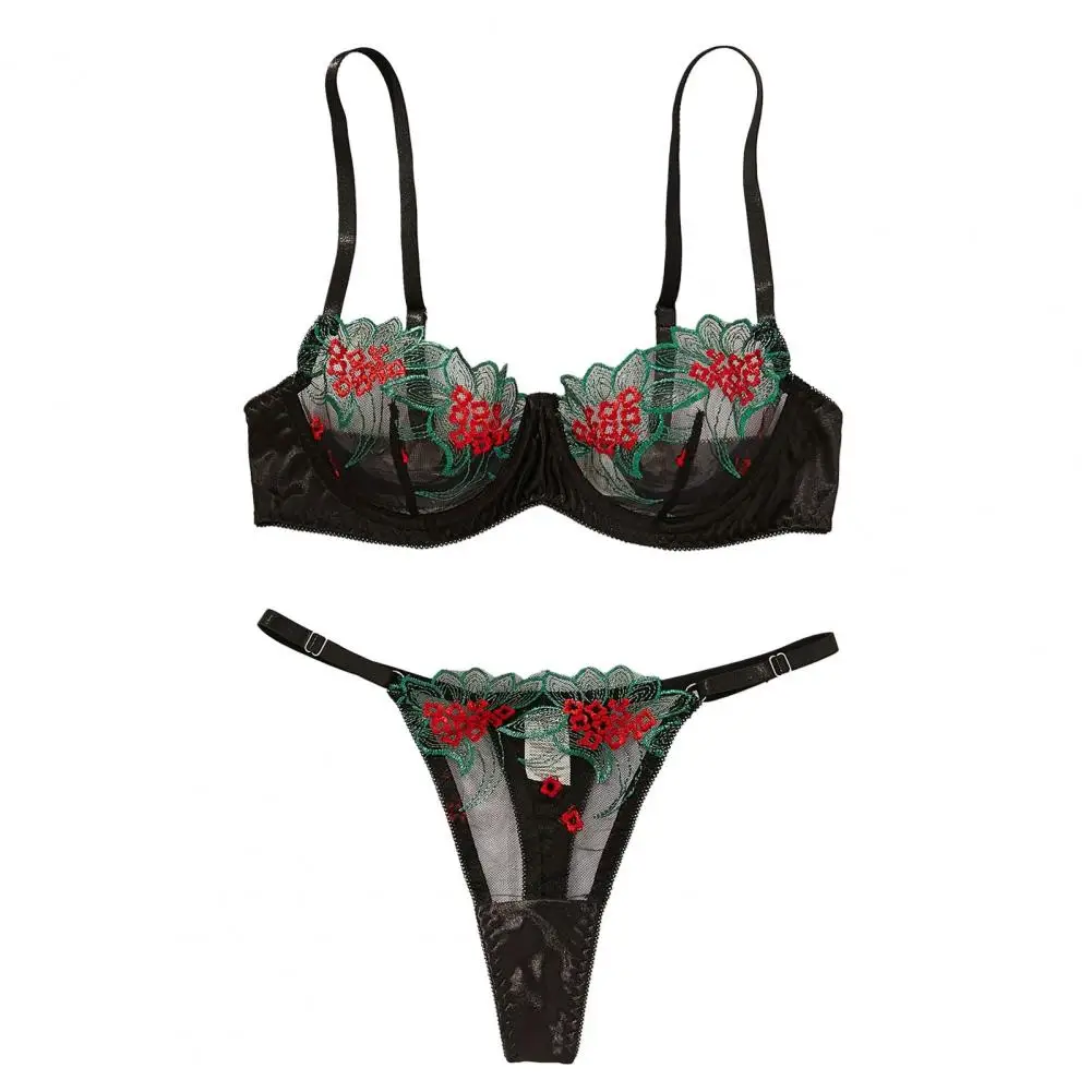 Floral Embroidery Underwear Set Floral Embroidery Lace Underwear Set with Adjustable Straps Back Closure 2 Piece for See-through