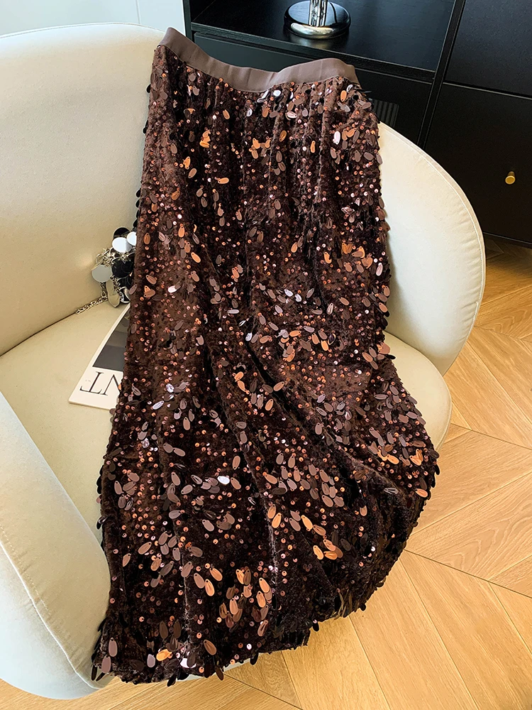

Sequin Split Mid-Length A-Line Skirt Women's High Waist Commuter Vintage Sle Thi Winter Casual Skirts