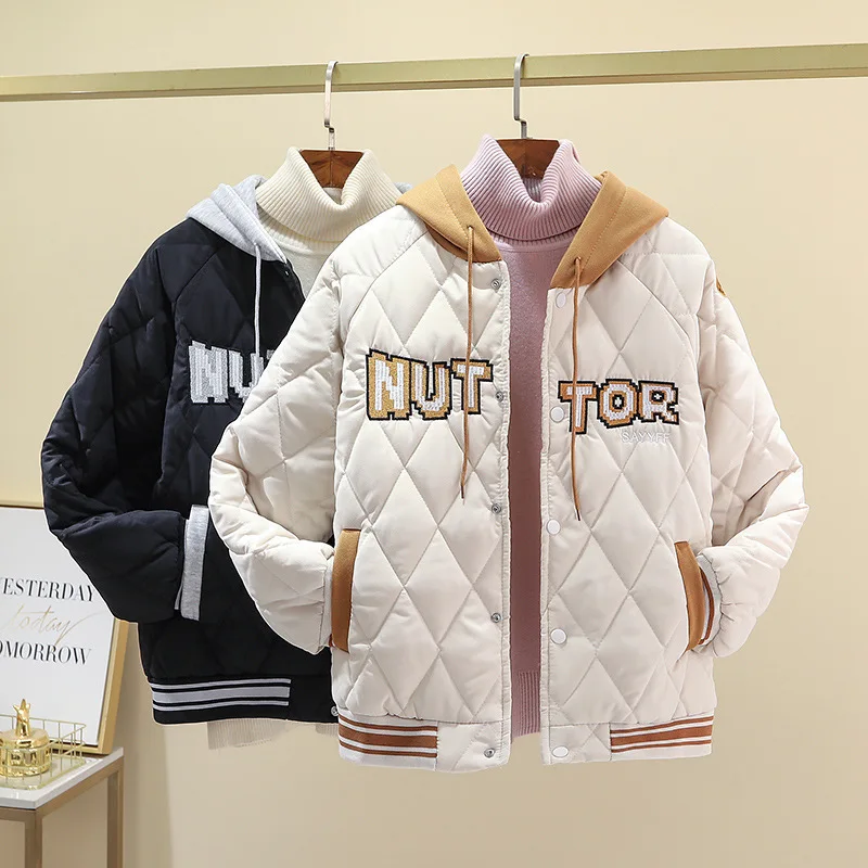 Letter Embroidery Hooded Clip Dia Grid Baseball Winter Thick Warm Cotton Casual Women's Jacket