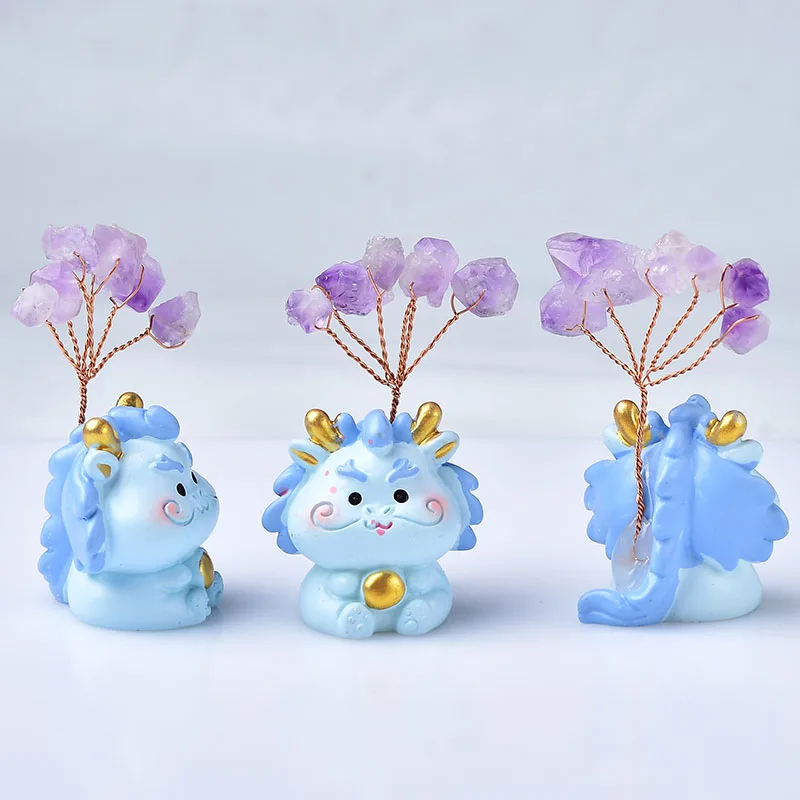 Natural Amethyst Tree of Life Gems Lovely Dragon Baby Figurine Gravel Made Healing Crystal Collection Home Decor Crafts Gift 1pc