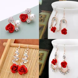 Vintage Red Rose Earrings Rose Gold Color Crystal Rhinestone Pearl Butterfly Flower Stud Earrings  Women Gifts Wedding Jewelry