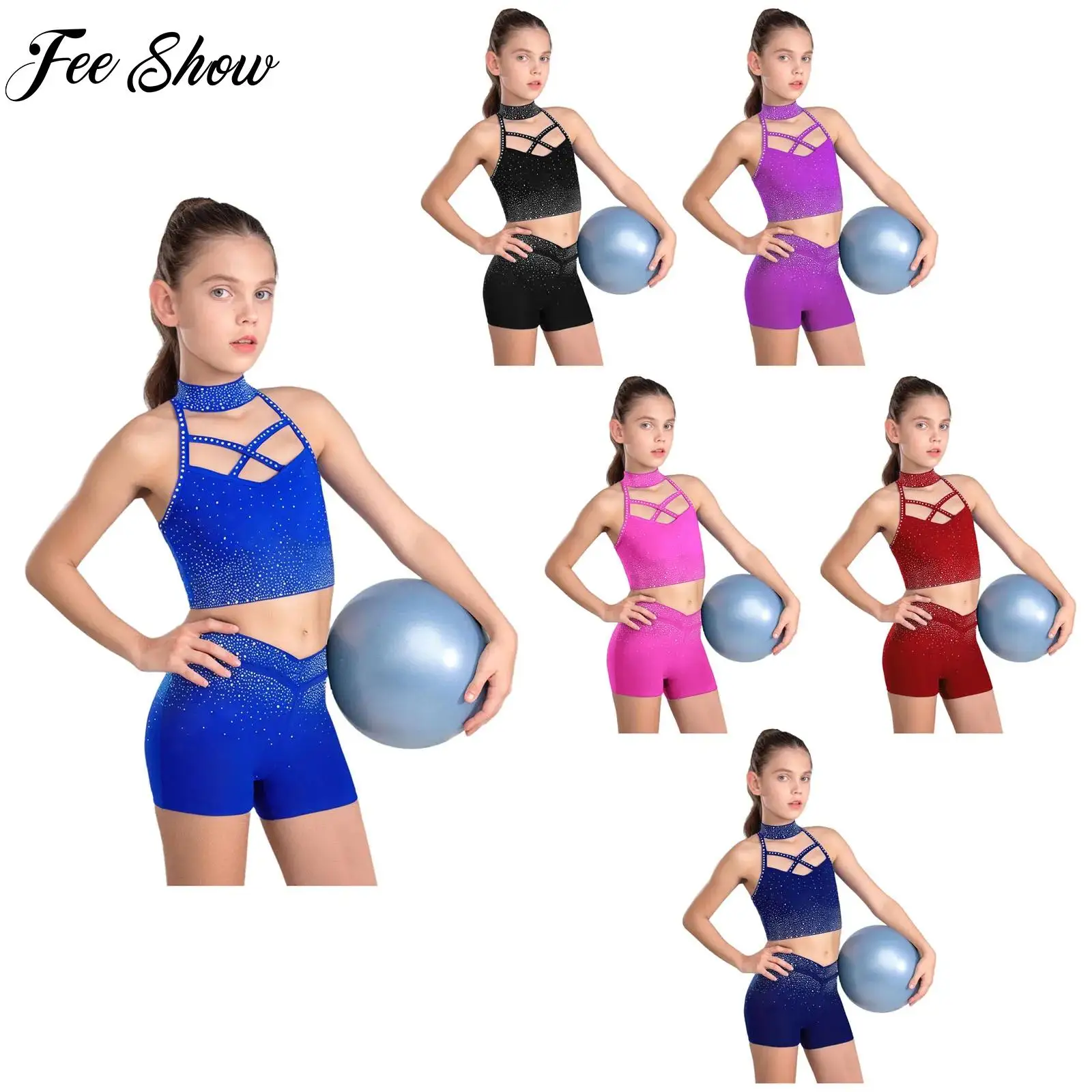 Figure Ice Skating Dance Sets for Girls Yoga Clothing Halter Sleeveless Rhinestone Crop Top with Shorts Ballet Gymnastics Outfit