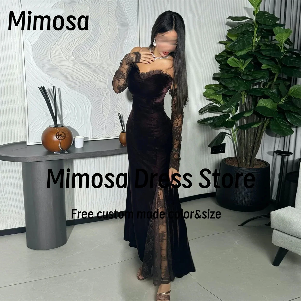 Mimosa Sexy Sweetheart Velour Prom Dresses Lace Long Sleeves Evening Gowns Ankle Length Robe Des Cocktail Party Dress Customized