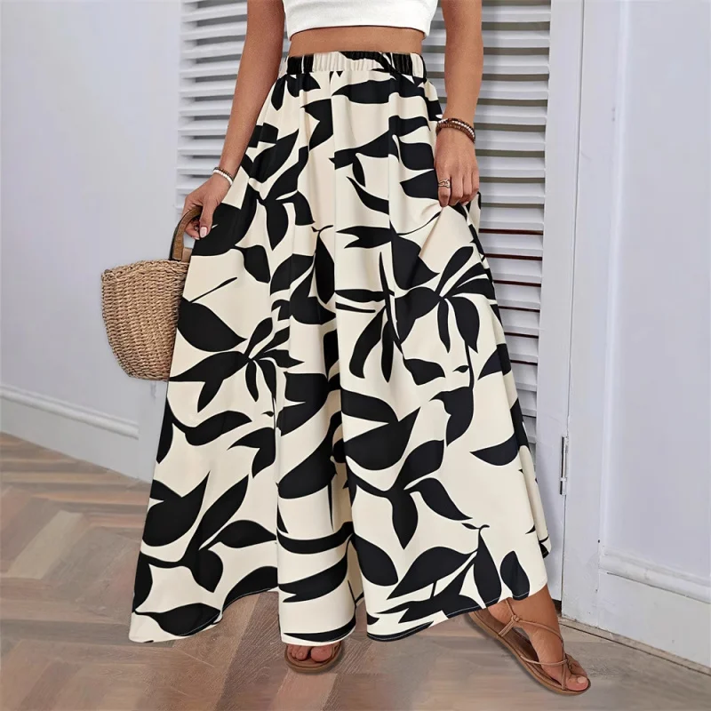 

Elastic Waist Printed Long A-Line Skirt, Summer High-End Temperament, Commuting Drape, Pleated Skirt, Half Skirt, Women'S Clothi