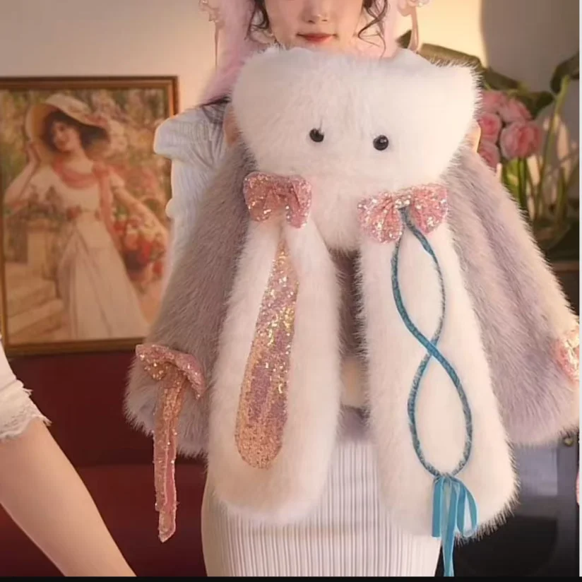 

Детское меховое пальто с милыми кроличьими ушками, плюшевая куртка, модная стеганая куртка с капюшоном, зимняя толстая теплая шуба, верхняя одежда, рождественский подарок