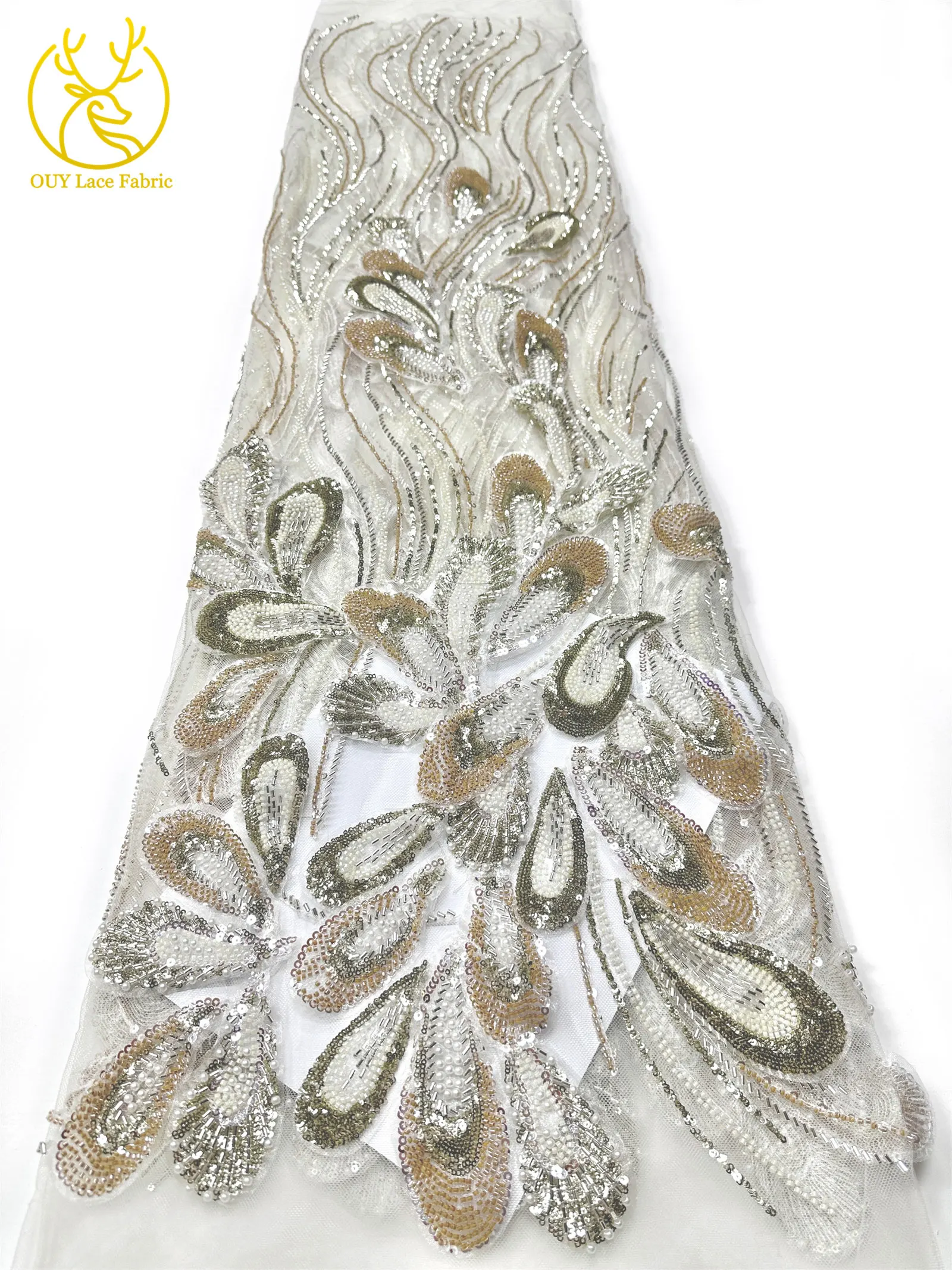 3D Luxus Afrikanischer bestickter Perlen-Mesh-Spitzenstoff, 5 Yards, französischer Tüll-Pailletten-Spitzenstoff für nigerianische Hochzeitskleider zum Nähen – Detail 12