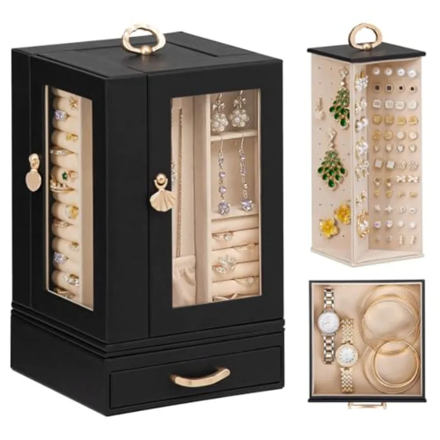 

Большая шкатулка для драгоценностей для комода: женский органайзер для хранения ожерелья и колец с отделениями - элегантный держатель для сережек - Крис