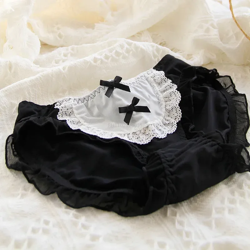 Lolita Bow Lace Transparent Underpants For Women Mid Waist Black Mesh Ruffle Cotton Crotch Thin Panties Sweet Girl Cute Briefs