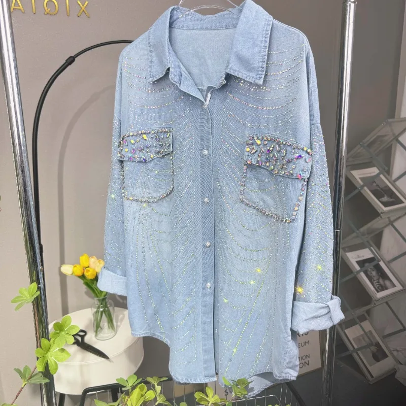 Korean Chic Women\'s Denim Shirt 2024 Spring Fashion Hot Diamonds Casual Loose Denim Jacket Lapel Rhinestone Long Sleeve Blouse