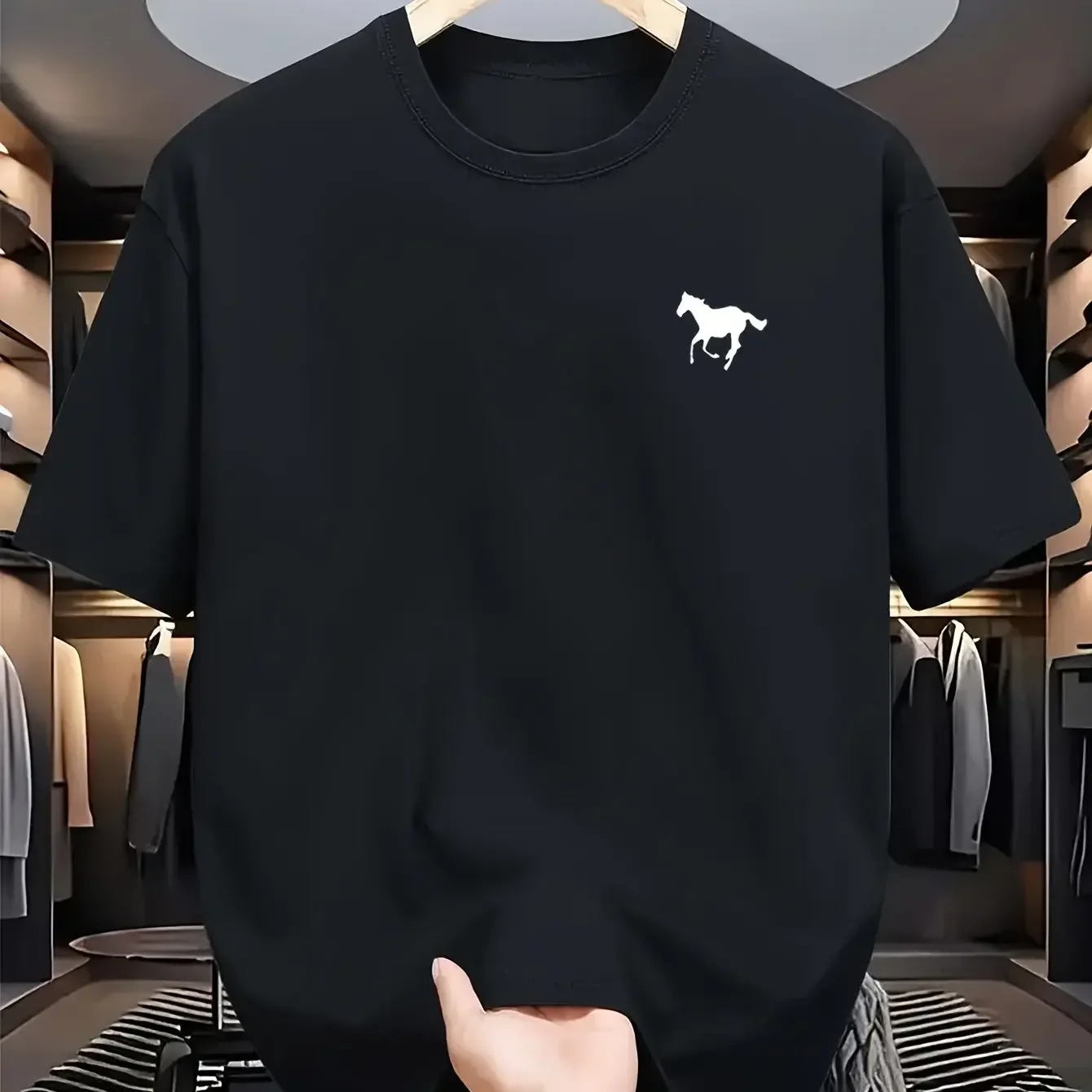 

Men's Summer 100 Cotton Fashionable Casual Loose Plus Size Horse Pattern Printed Sports Round Neck Short Sleeved T-shirt Top