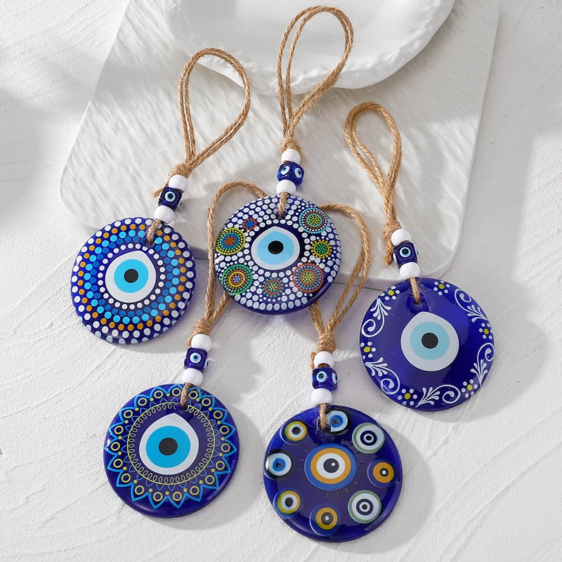 Round Evil Eye Daisy Flower Hemp Rope Keychains Resin Boho Turkish Lucky Blue Eye Car Rearview Mirror Wall Door Ornament Keyring